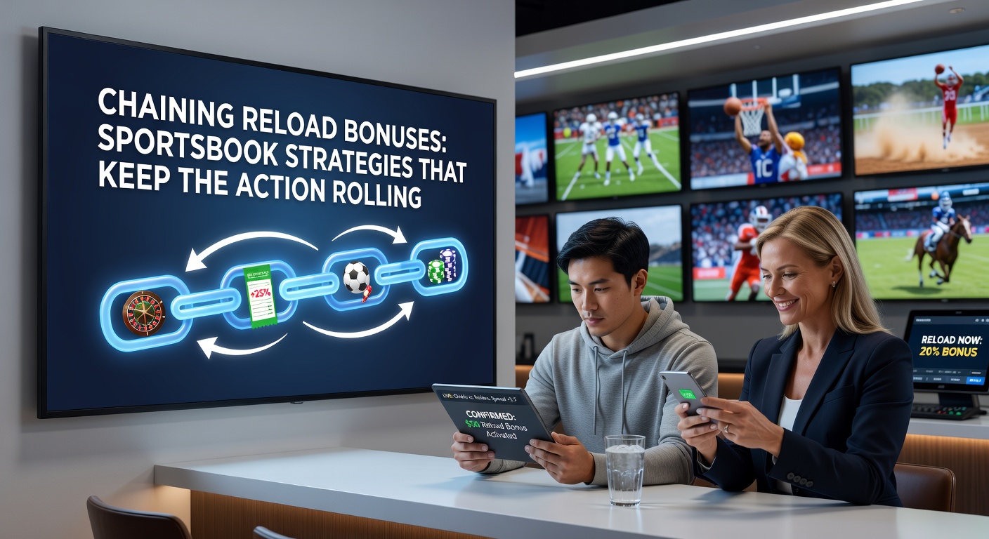 Illustration of a chain linking multiple reload bonus icons on a sportsbook interface, symbolizing continuous bonus chaining