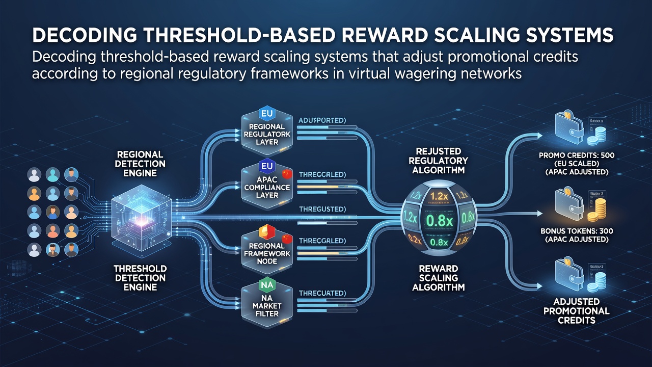 Diagram illustrating threshold-based reward scaling algorithms adjusting promotional credits across different regulatory regions in virtual wagering platforms