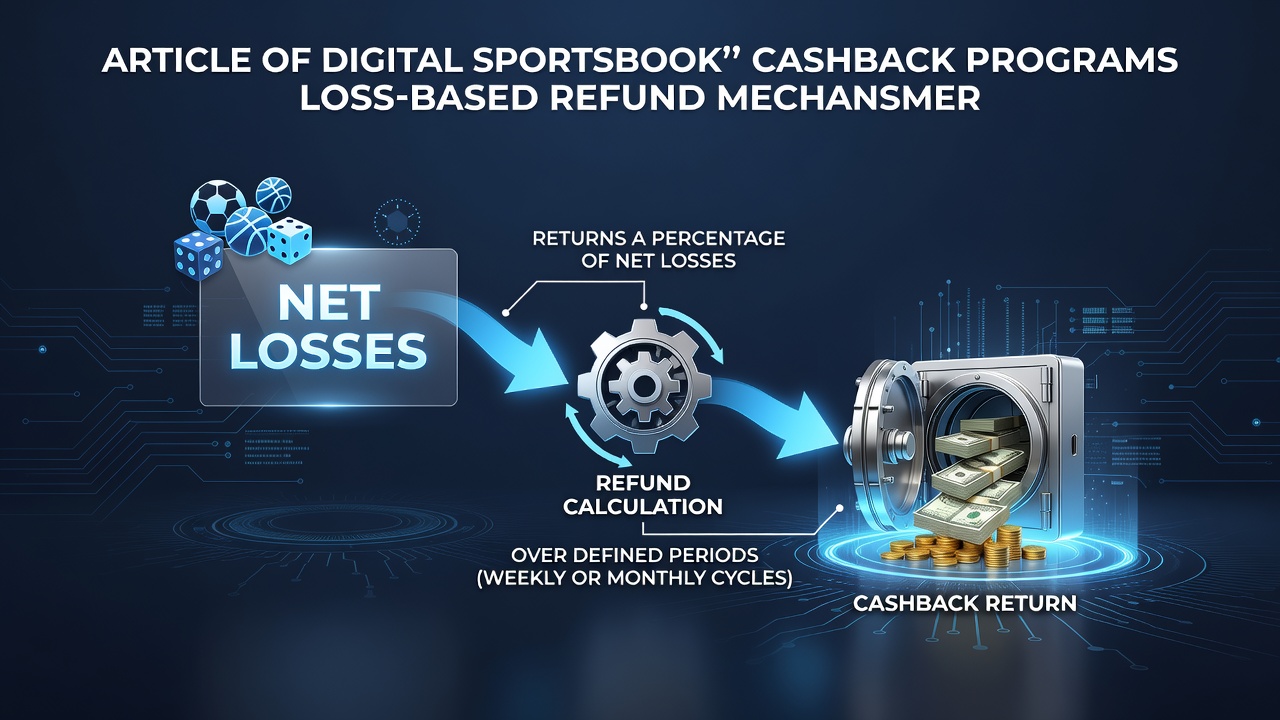 Digital sportsbook interface displaying cashback refund calculations for net losses over weekly cycles