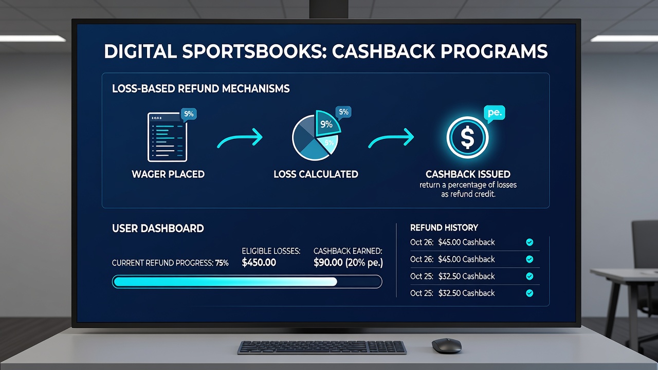 Analytics dashboard showing tiered cashback percentages and monthly loss refund distributions in a sportsbook app