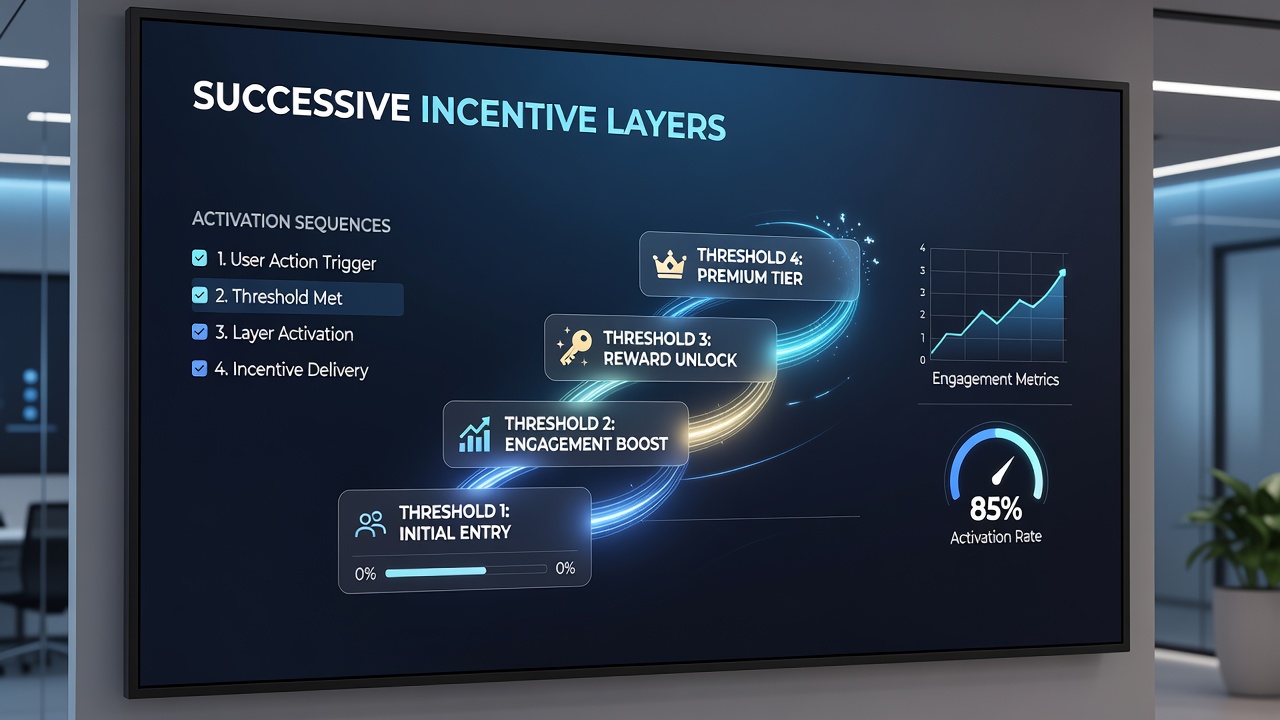 Screenshot of a wagering app showing active threshold progress and successive incentive layers unlocked by a player