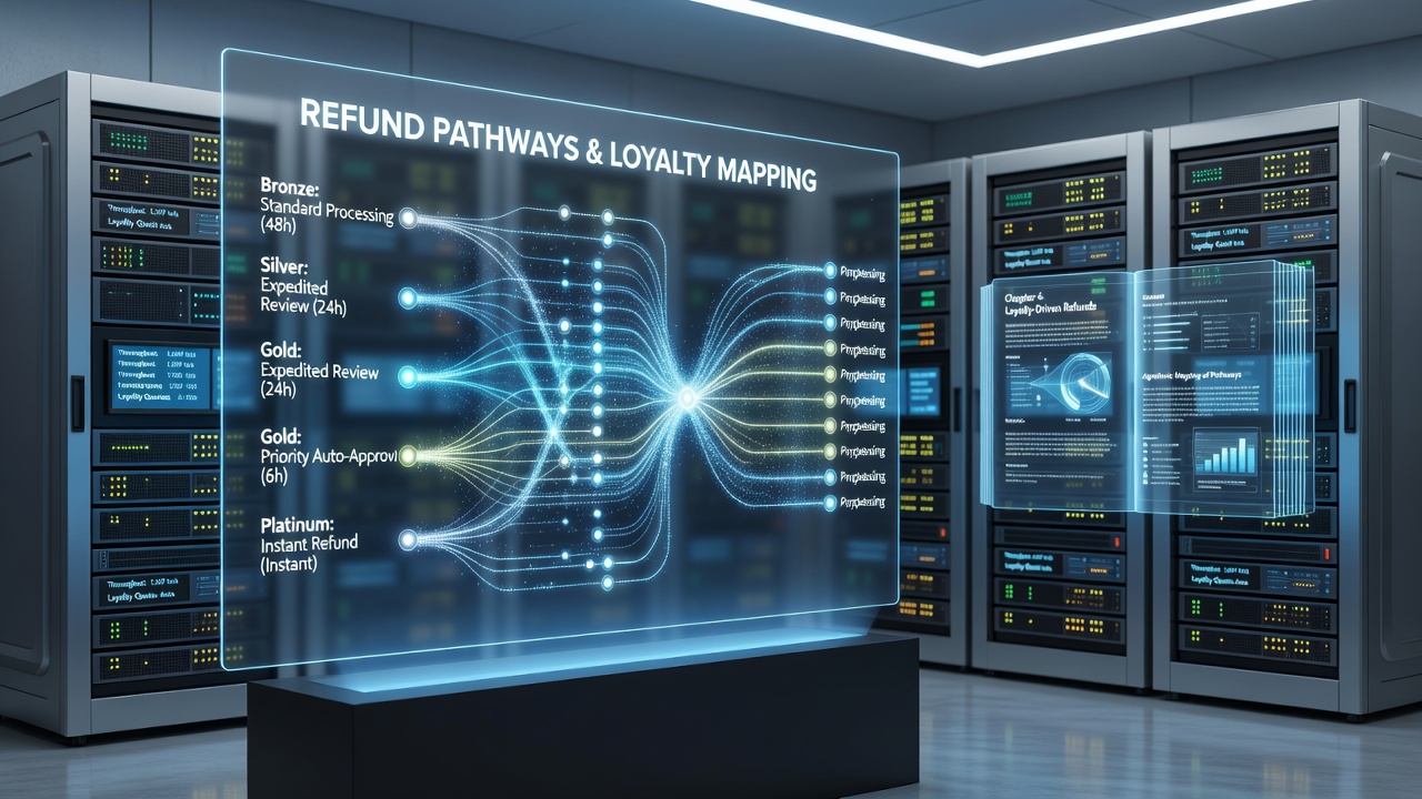 Flowchart illustration of refund calculation pathways segmented by bronze, silver, gold, and platinum loyalty tiers
