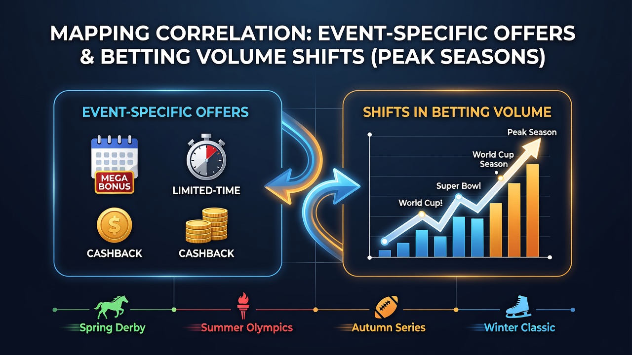 Charts showing betting volume increases during major events with overlaid promotional data points