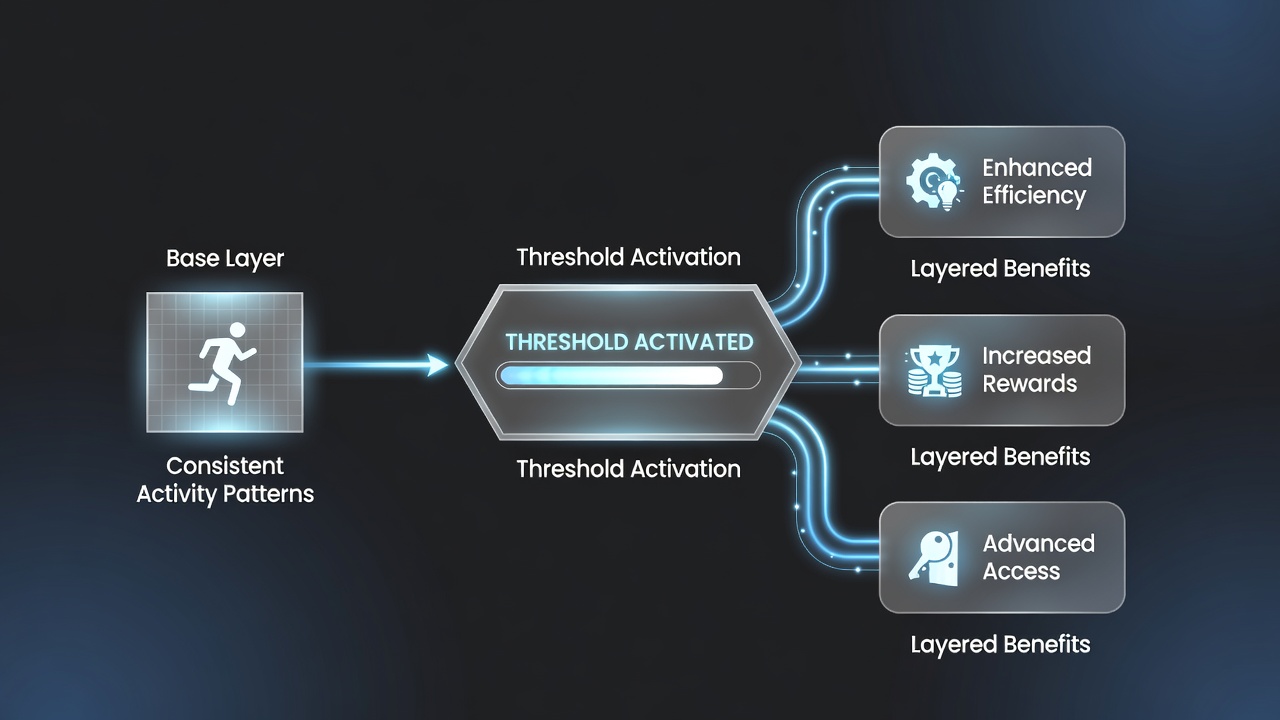 Visualization of layered benefit tiers activated through sequential wagering patterns