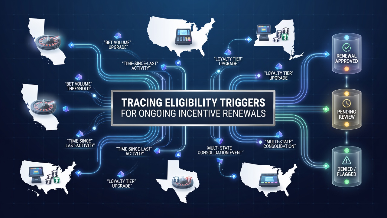 Multi-state wagering network dashboard showing eligibility tracking across jurisdictions